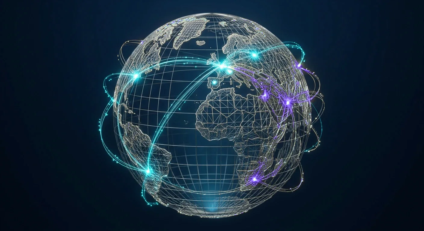 A glass wireframe globe with glowing routes connecting the Americas, Europe, Africa and Asia.